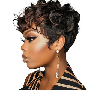 Pixie Cut Wigs Black And Brown Ombre Wig Linen Short Curly Wigs With Bangs Short Brown Wig Ombre Pixie Cut Wigs For Black Women(Black  Brown)