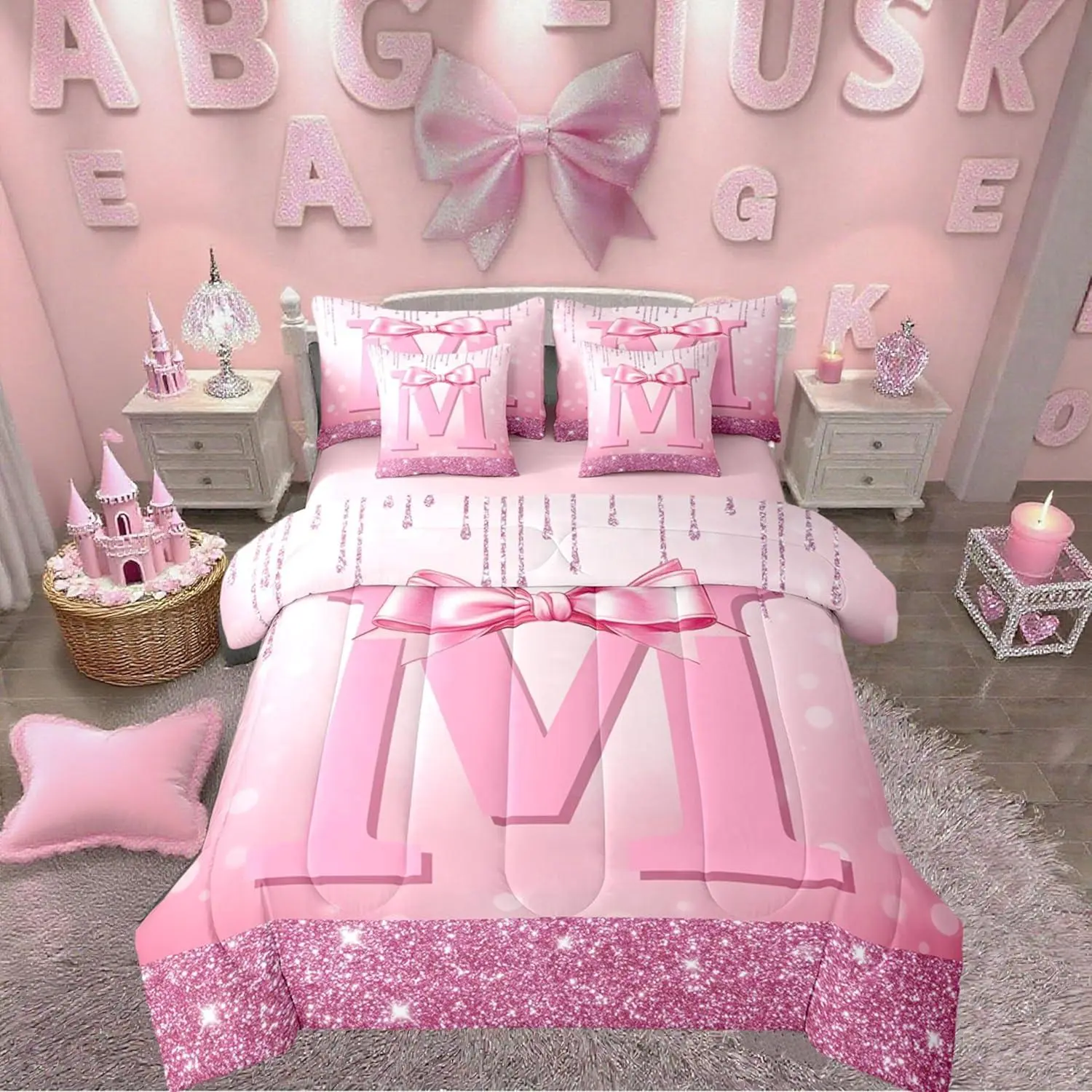 Feelyou 7-Piece Personalised Alphabet Bedding Set - Breathable Weave, Multi-Size Bed-in-A-Bag, Princess Pink Bowknot Comforter with Glitter Bow, Monogrammed Initial M Sheets, for Teen Girls, Gift, Seven Pieces