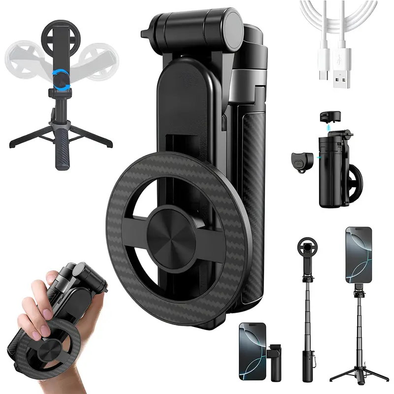 5-in-1 Magnetic Selfie Stick with Remote for Cell Phone 360° Rotation, Compact & Stylish, With wireless Bluetooth control, Magnetic Phone Holder for Selfies/Video Recording/Vlogging, Compatible with Most Phone Modes