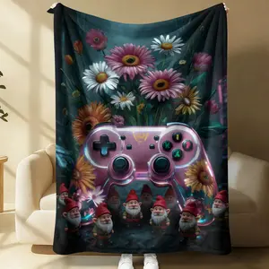 Fantasy Floral Game Controller Theme Blanket, Thick Warm Washable, Dark Fairy Tale Style, Perfect for Nap or Air Conditioning Room