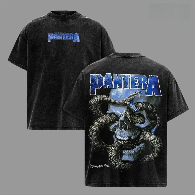 Men's Vintage Washed Black T-Shirt, Pantera Retro Heavy Metal Double-Sided Crew Neck Short Sleeve Tee with Skull & Snake Band Print, Soft Cotton Streetwear for Nightclubs and Rock Music Festivals