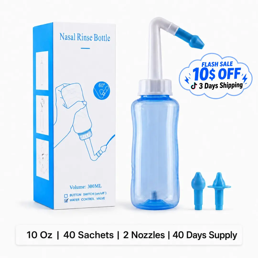 Sinus Rinse Bottle with 40-Day Supply of Saline Packets, 10 Oz, Manual Push Valve, 2 Nozzle Attachments