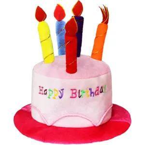 Pink Plush Happy Birthday Cake Hat - Unisex Adult Size Fancy Dress Party Hats - Perfect as Party Favors, Costume Accessories - Cake & 5 Multicolor Candles Masks Colorful