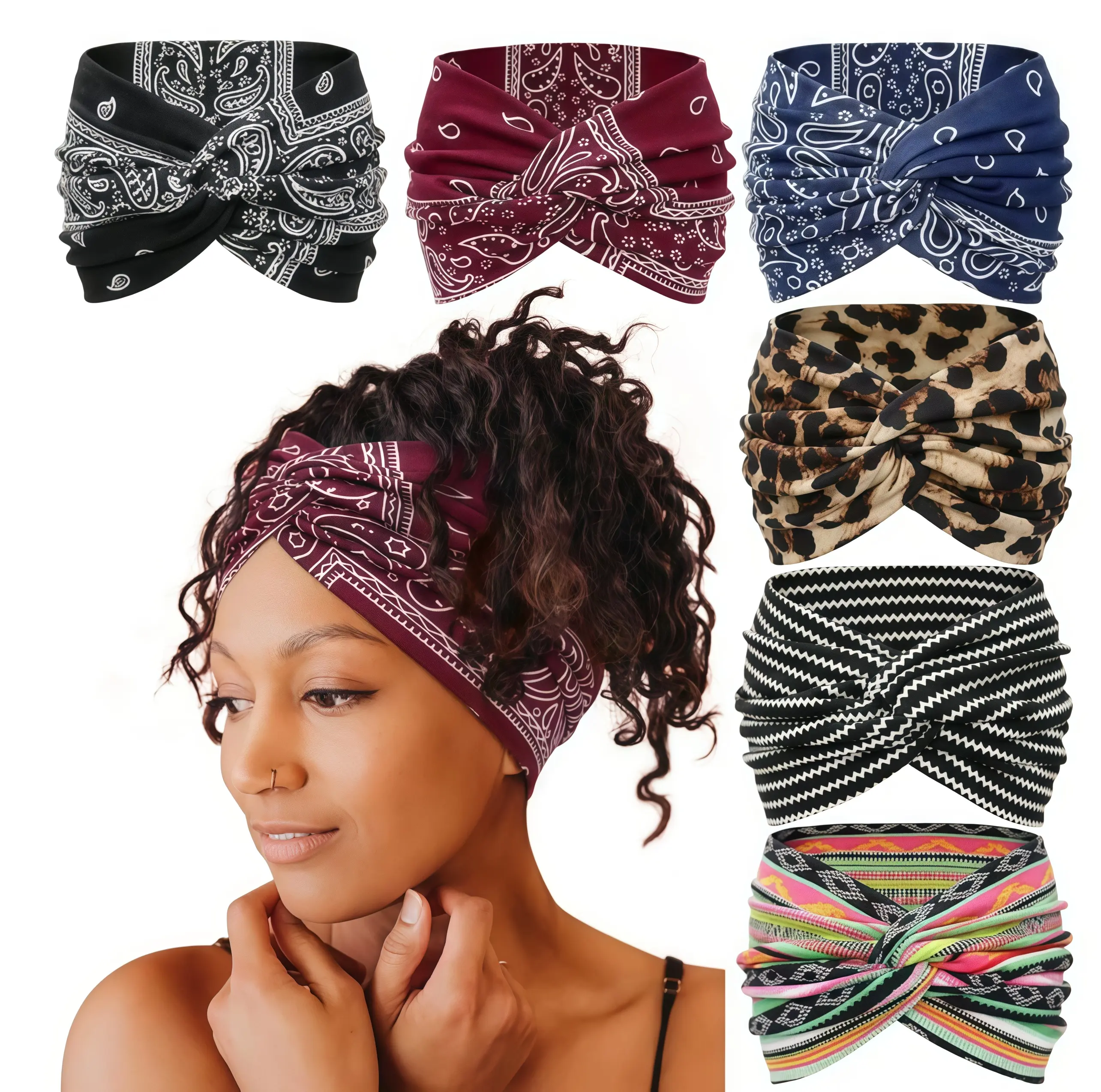 Women's 6-Pack Wide Boho Twist Headbands - Knot Turban Design, Floral & Leopard Prints, Stretch Moisture-Wicking Non-Slip for Sports & Commute, Ideal for Women Needing Reliable Hair Accessories