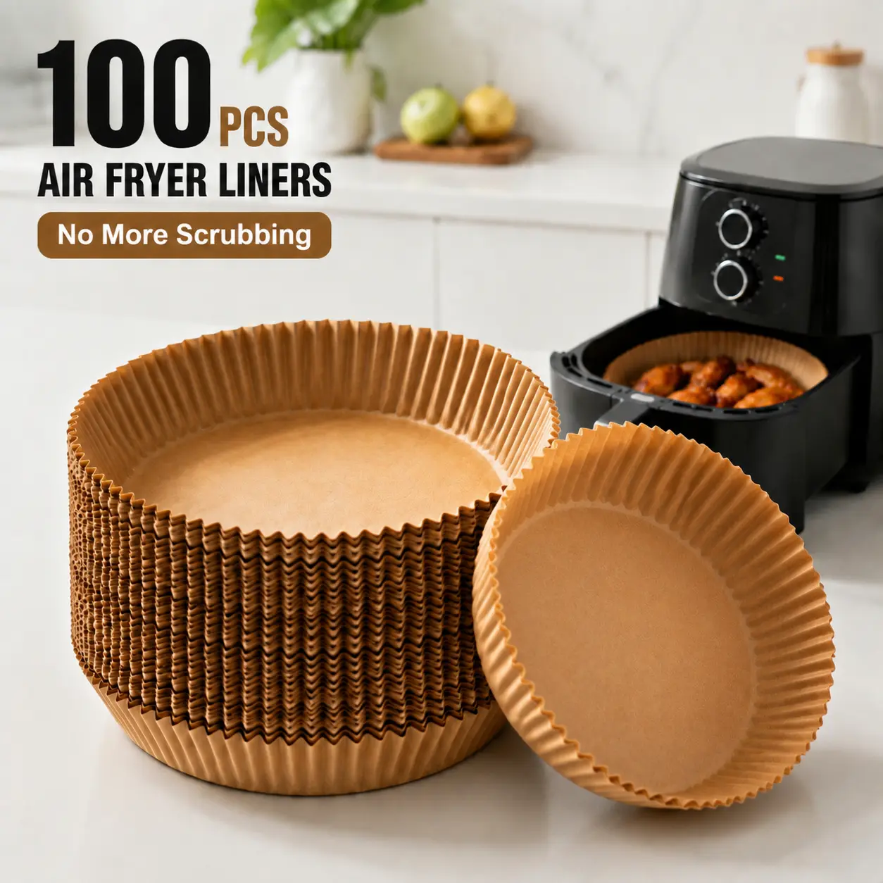 100PCS Air Fryer Paper Liners, 8 Inch Pre-Cut Round Parchment Paper Liners for Air Fryer Basket, Non-Stick Disposable Air Fryer Sheets, Food Grade Oil Proof & Heat Resistant, Easy Cleanup for Baking, Roasting & Cooking