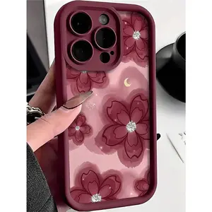 [Trending] TPU shiny rhinestone floral pattern TPU shockproof single-piece burgundy floral pattern full-cover TPU shockproof phone case, compatible with Apple 16, 15, 14, 13, 12, 11 Pro Max series, waterproof, drop-proof, scratch-proof, spring gift party