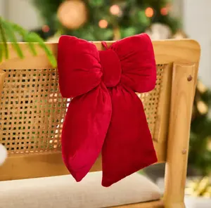 Red Velvet Puffed Pillow Holiday Christmas Bow