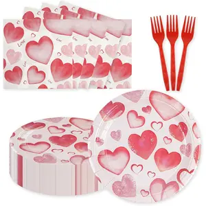 75PCS Valentine's Day Paper Plates and Napkins - Pink Heart Love Tableware Set Include 7inch Paper Plates Napkins Forks Disposable Decoration Supplies for Valentine's Day Wedding Party, Serve 25