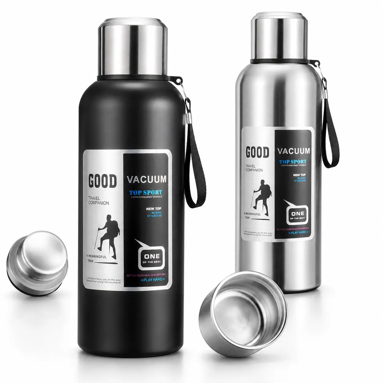 SOHER Stainless Steel Insulated Water Bottle with Cup Lid & Carry Strap, Large Capacity Vacuum Flask for Hiking, Camping, Travel & Everyday Use