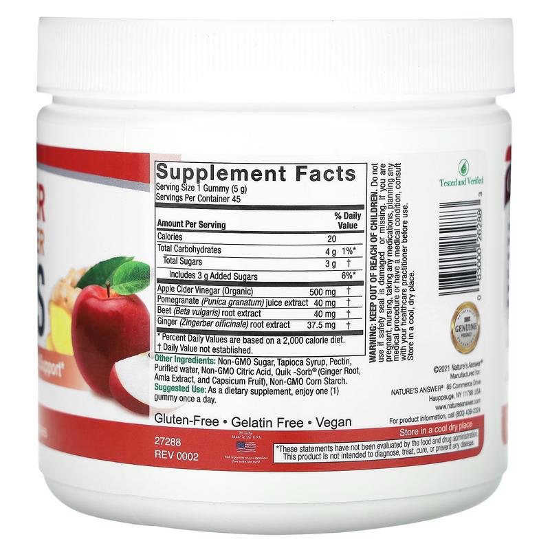 Nature's Answer Apple Cider Vinegar + Ginger Gummies with The Mother, 500 mg, 45 Pectin Gummies