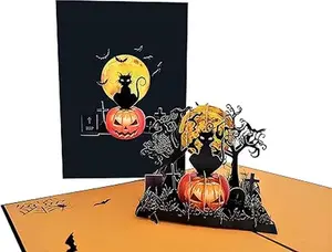 Scary Black Cat on Pumpkin Halloween 3D Pop Up Greeting Card – Jack-O-Lantern, Spooky Trees, Fun, Bats, Creepy Graveyard, Tombstone, Full Moon, Cemetery, Spider Web, Hallows