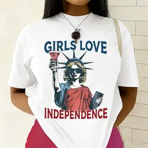 Womens Funny Girls Love Independence Cotton Tshirt Statue Of Liberty Cocktail Casual Trendy Top For Female Empowerment