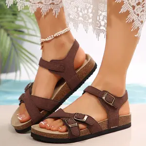 Women's Slip-On Sandals Comfortable Strappy Sandals With Adjustable Buckles Cork Footbed For All-Day Comfort