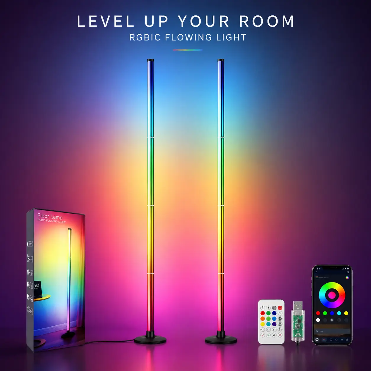 1PC/2PCS Smart RGB LED Floor Lamp - LED Lights with 16M Colors, 68+ Dynamic Scenes, Music Sync, USB-Powered, for Living Room Decor, Home Decor Items, Lights for Bedroom, Gaming Setup Accessories, Holiday Gifts