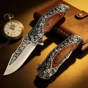 Premium Engraved Folding Pocket Knife with Wood Handle, EDC Knife for Camping, Hunting, Outdoor tool, High-quality Stainless Steel Blade, Classic Vintage Design, Portable Utility Knife for Men, Perfect for Everyday Carry & Outdoor Adventures