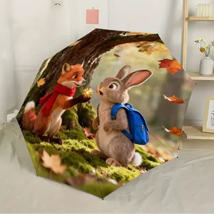 Forest Fox Rabbit Umbrella, Cute Stylish Automatic Folding Travel Umbrella with 8 Durable Ribs, Sun Protection for Women, Wind Resistant Outdoor Accessory