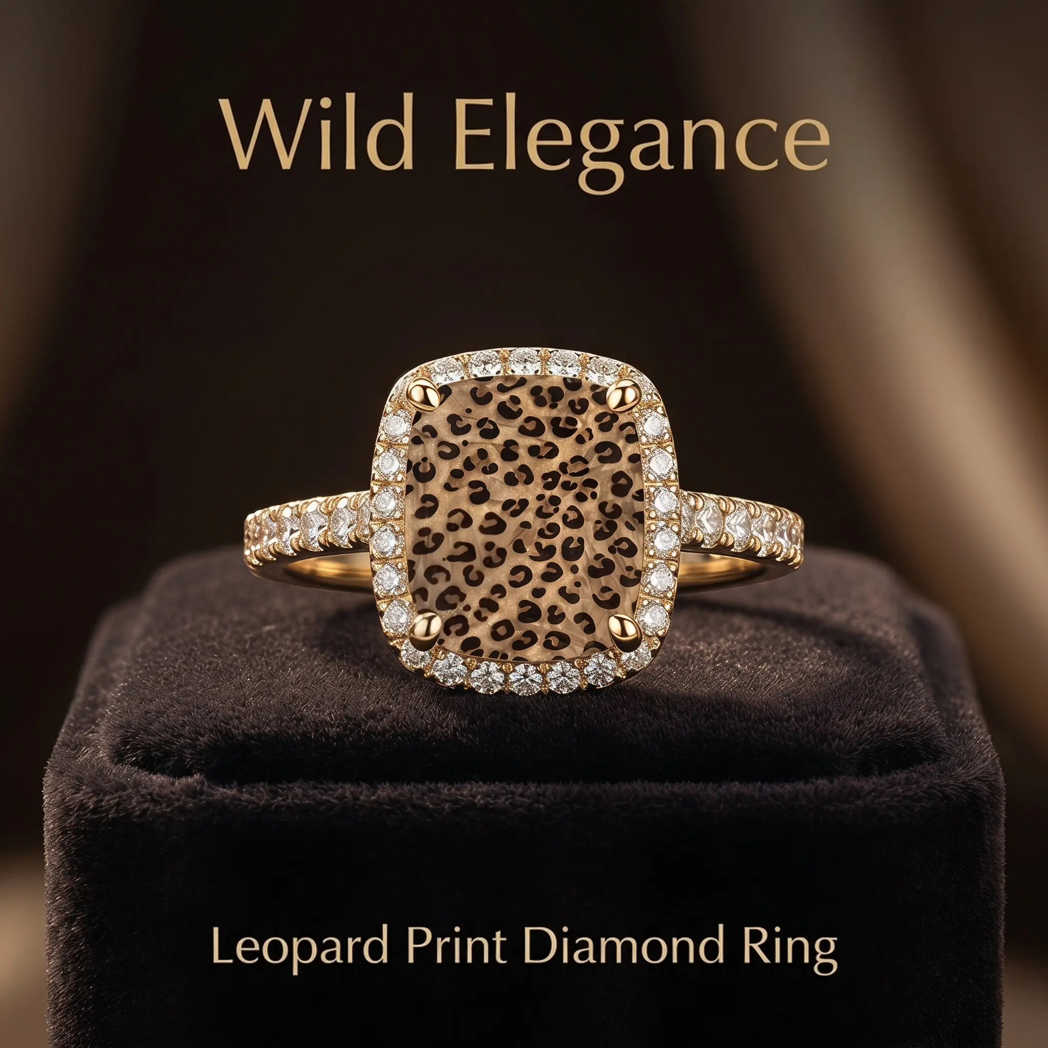 Women's Wild Elegance Leopard Print Gold-Tone Ring - Square Cushion Cut CZ Halo & Band Statement Costume Jewelry, Fashion Accessory for Party, Gift for Her