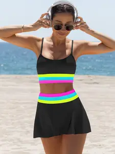 Women's 3-Piece Cupro Underwired Bikinis Set, Tummy Control High-Waisted Color Block Swimsuit with Adjustable Wide Shoulder Straps, for Beachball, Kayaking