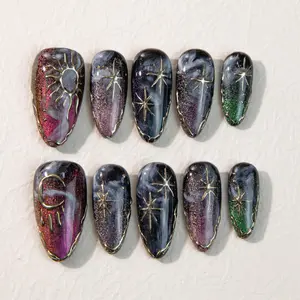 Cosmic Aurora Press-On Nails, 3D Gold Sun & Moon Charms, Glitter Galaxy Marble, Purple-Green Shift Hues, Celestial Nail Art, Handmade Custom Set, Perfect Gift for Her