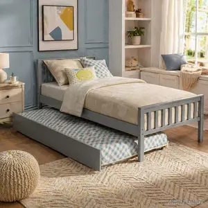 Minimalist Nordic Twin Bed Frame with Trundle - Pine Wood Construction, Headboard, Footboard, No Box Spring Needed, Grey, Manual Included, Ideal for Small Living Spaces, Nordic Bed Frames