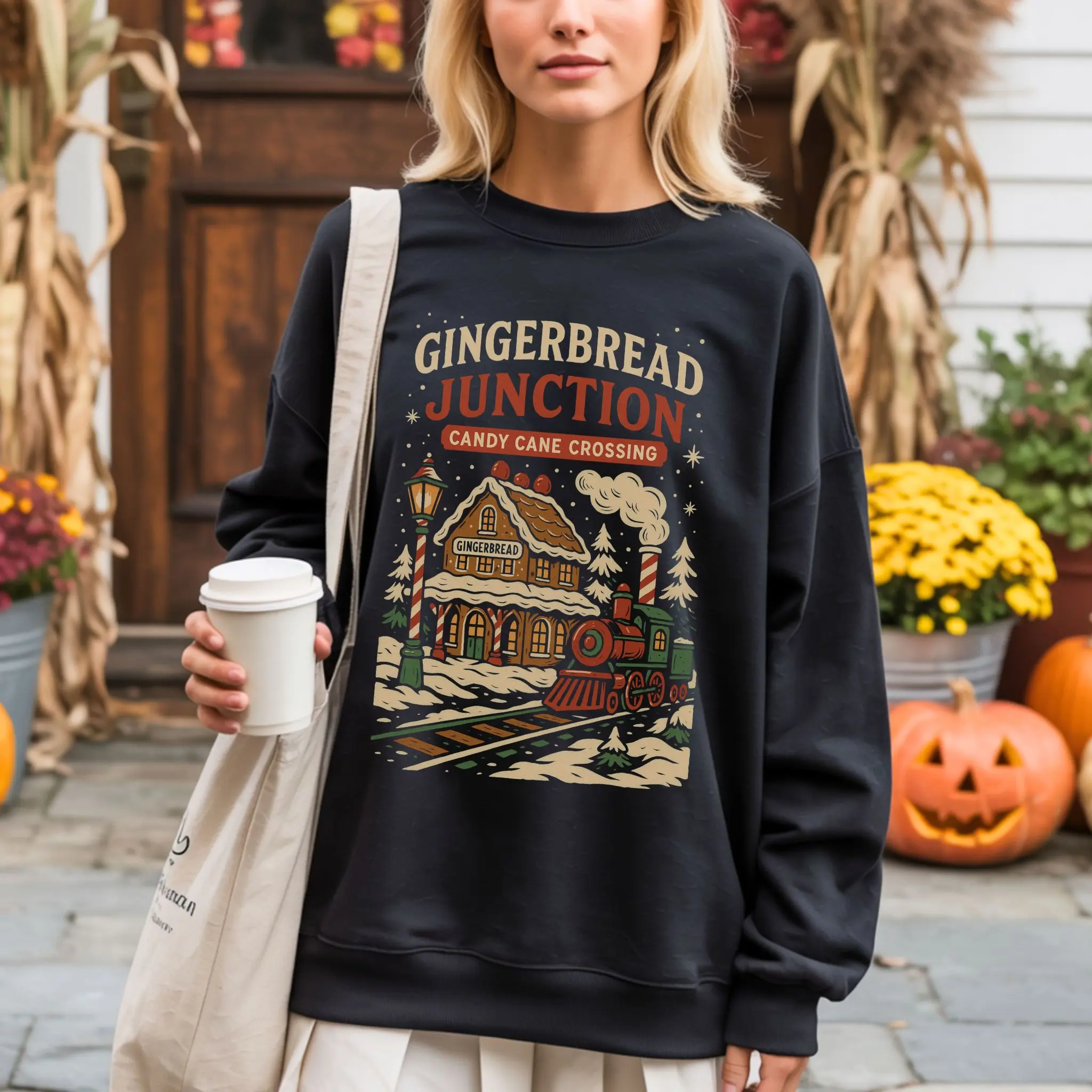 Gingerbread Sweatshirt - Oversized Holiday Xmas Crewneck, Christmas Sweater Gift for Her, Ugly Sweater Party, White Elephant Winter Jumper, Christmas Train Long Sleeve, Candy Cane Christmas Sweatshirt