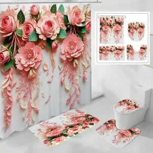 Floral Printed Bathroom Decoration Set, Including Shower Curtain, Toilet Paper Holder, Bath Mat, Toilet Seat Cover, Home Decoration Set, Bathroom Decoration Accessories