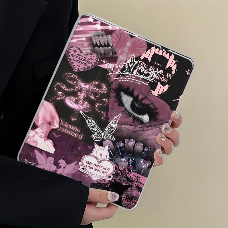 Y2K Pink Gothic Collage Folding Stand Case, Transparent Acrylic Hard Back, Pencil Slot & Charger Slot, Scratch-Resistant Slim Protective Cover for iPad 10.2 2019/2020/2021, Mini, Pro, Air Scratch-resistant ultra-thin protective case, Tablet Casing