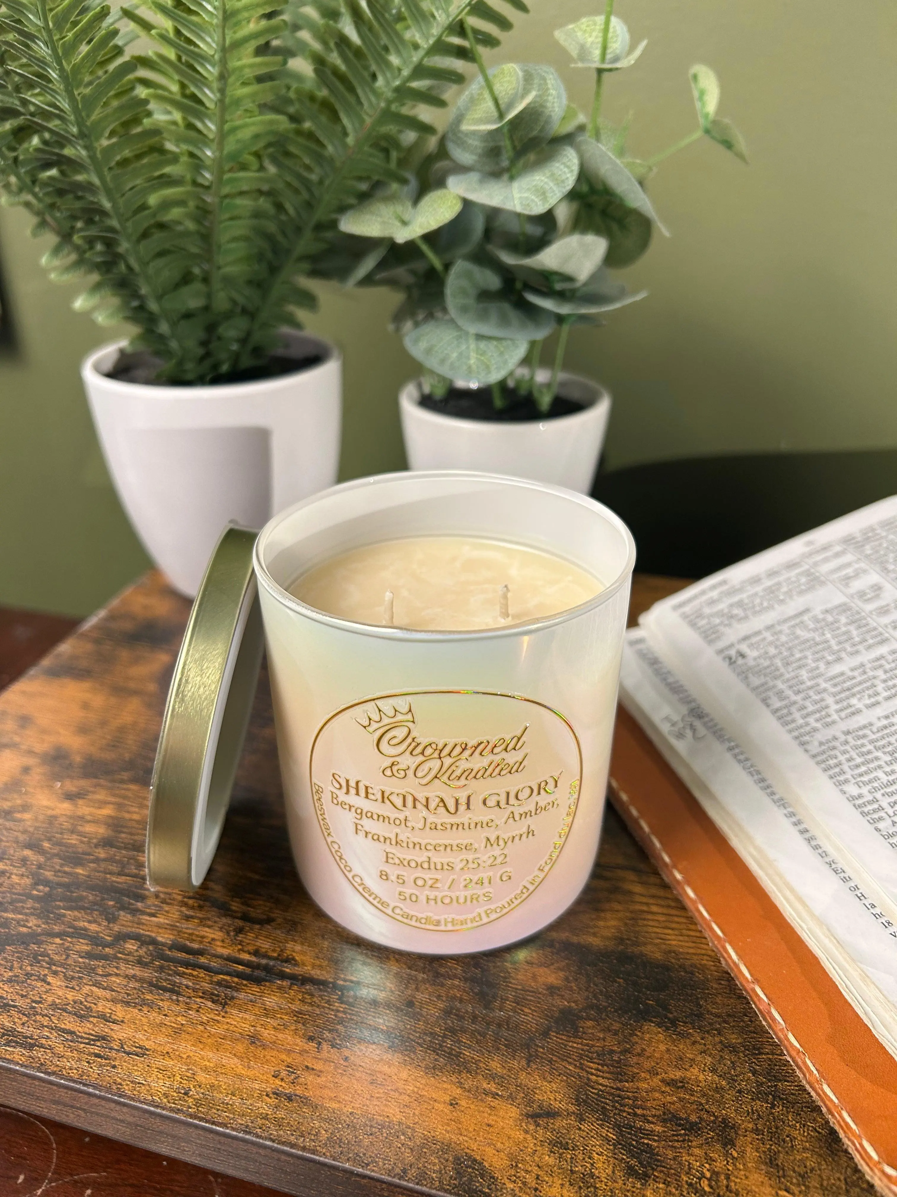 Crowned & Kindled Shekinah Glory Tabernacle Collection Decor Candle - 8.5 oz Creamy Beeswax Coconut Cream Blend, 45-50 Hour Burn Time, Highly Scented Sacred Aroma, Amber Jar for Home Decoration