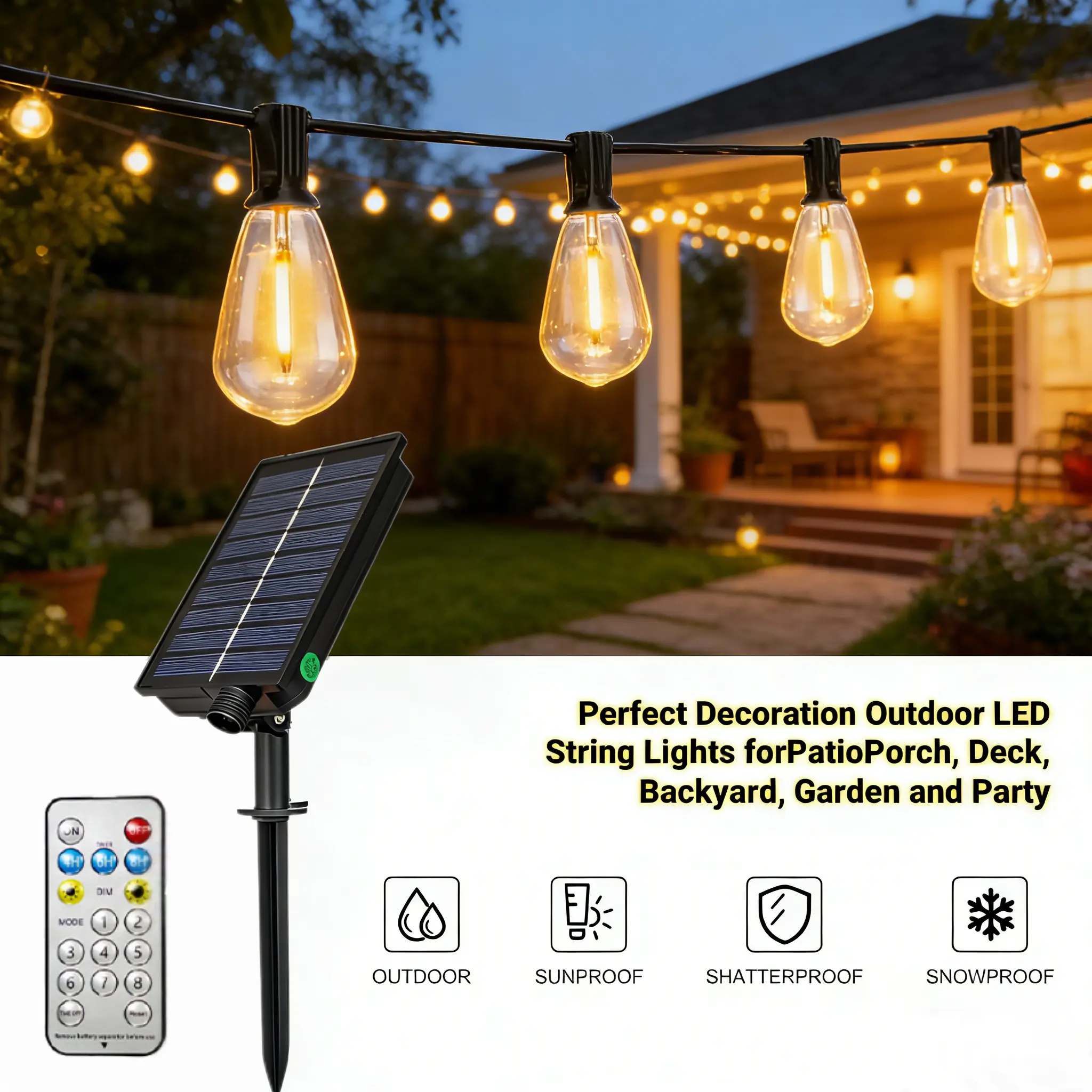 【DAYBETTER】100FT Solar String Lights, Waterproof & Shatterproof, 4 Lighting Modes with Dusk to Dawn and Dimmable, Great for Patio, Porch, or Garden (Remote Control)