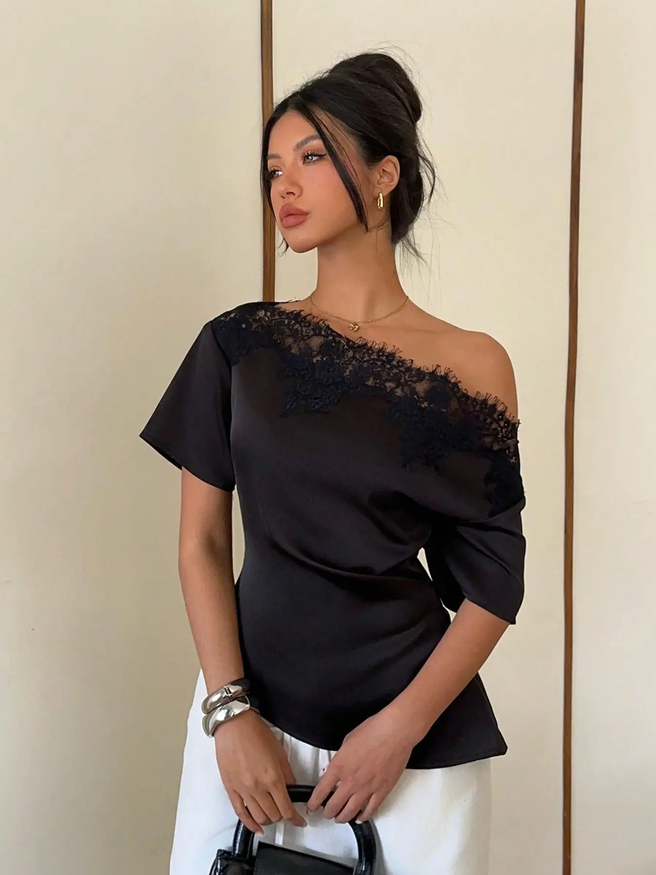 Women's Summer Lace Patchwork Asymmetrical Shoulder Party Dress Shirt, Elegant Aesthetic Chic Womenswear Evening Wear for Dates & Events