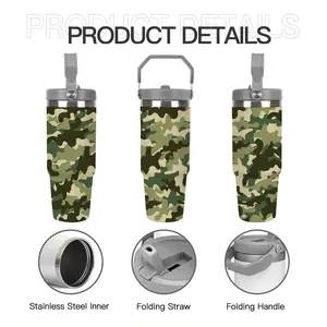 1pc 30oz "Classic Woodland Camo" Insulated Tumbler with Handle & Straw | Rugged Green & Brown Camouflage Pattern | Tactical Outdoor Aesthetic | Double Wall Vacuum Insulation | Leakproof Lid with Portable Handle | Perfect Gift for  Military Enthusiasts