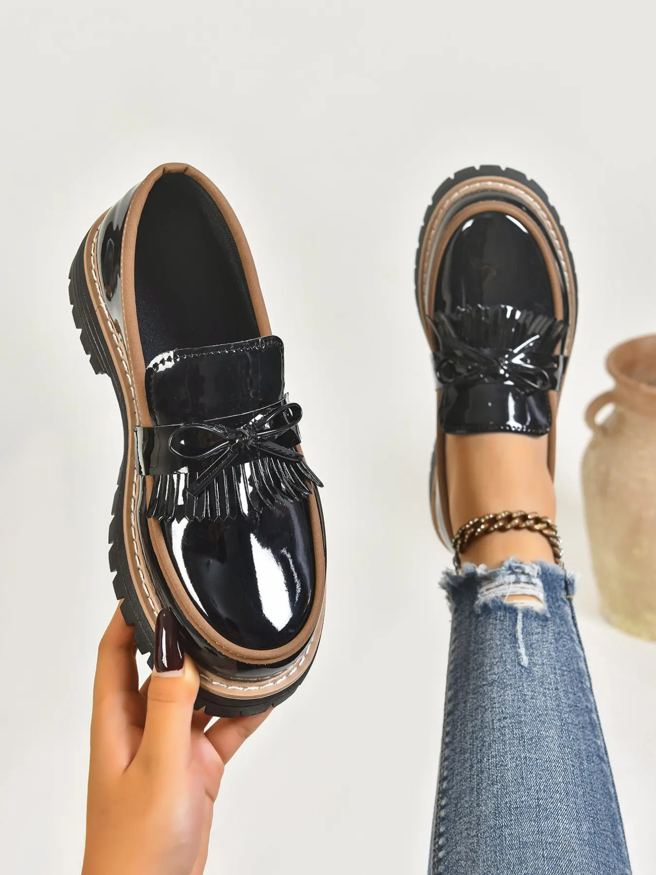 Women's Chain Loafers, Spring & Fall Casual Flat Footwear PU Leather Shoes, Less Than Ankle Height, Plain Pattern, PVC Sole, Flats Shoes Women