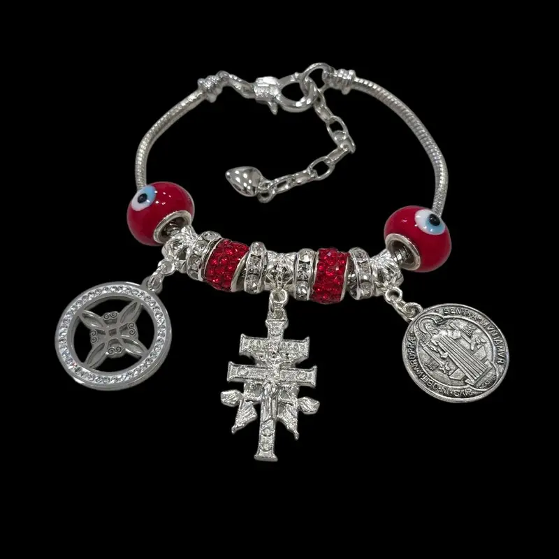 Devil Eye Triple Protection Bracelet with Red Beads & Charms Add-On Option Silver Accents