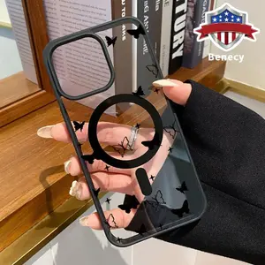 Starlight Butterfly Pattern Magnetic Phone Case Supports Wireless Charging for iPhone 15 16 14 Pro Max 13 12 11 XR XS Plus E Shockproof Non Slip Protection Silicone Transparent Acrylic Cover Cellphone Protective