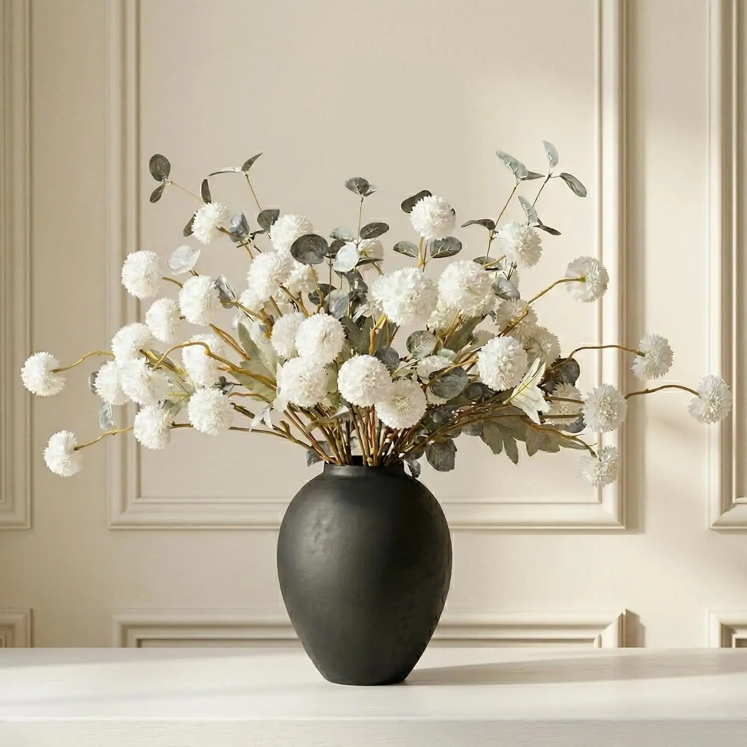 12pcs Round Faux Silk Chrysanthemum Pom-Pom Snowball Flowers, Pollen-Sensitive-Friendly Artificial Blooms, DIY Bouquets for Living Room Centerpiece, Daily Home & Office Minimalist Decorative Floral Arrangement