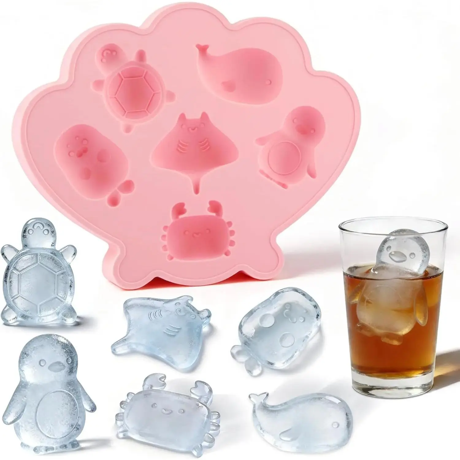 Ice Cube Tray Shell Silicone Ice Cube Trays with Cute Marine Life Shapes Cubes Easy to Release Perfect for Freezer Home, Kitchen, Drinks, Cocktail, Coffee, Chocolate Mold (Pink)