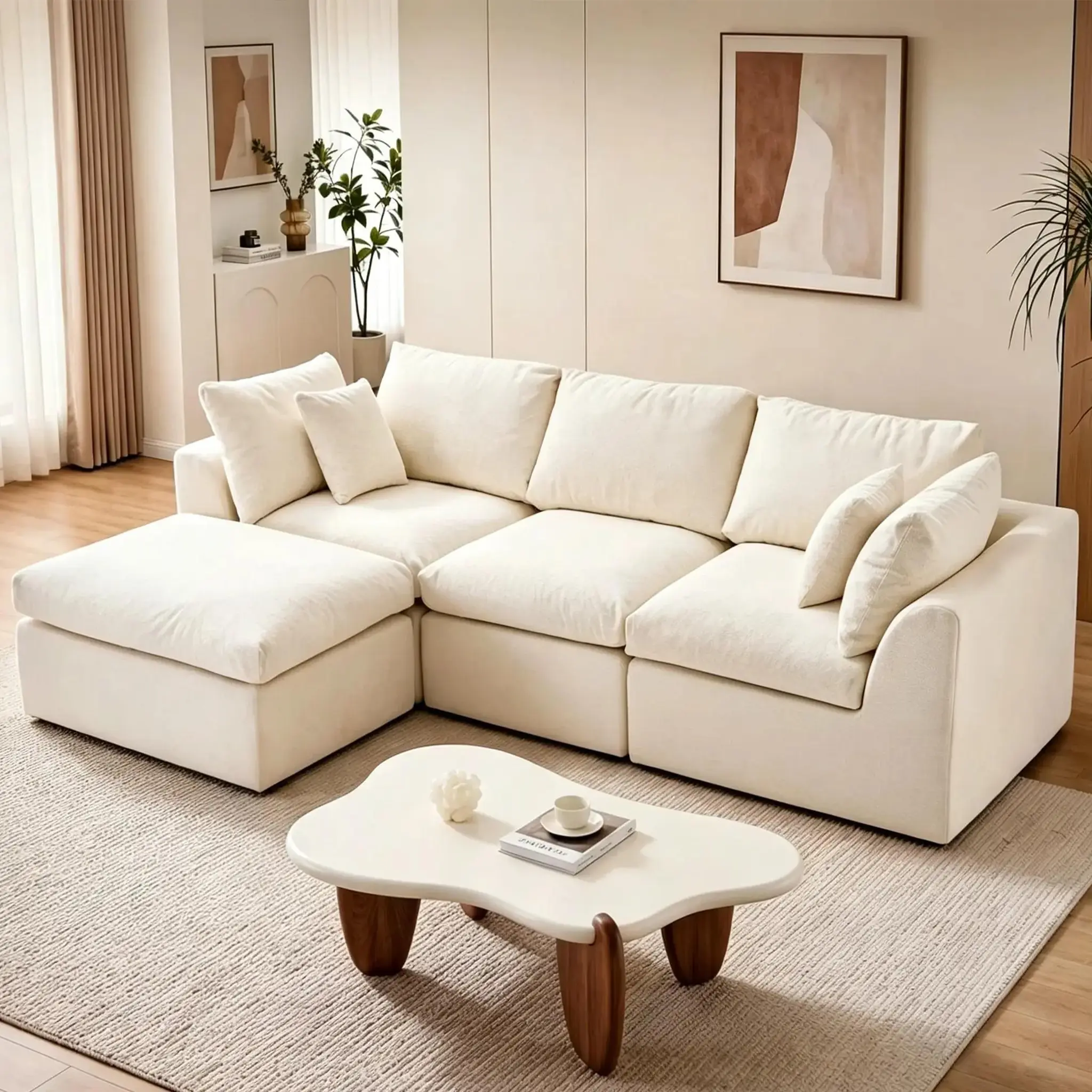 108" Cotton Classic Cloud Modular L-Shaped Sectional Sofa - Fixed Arms, Deep-Seat Convertible Oversized Comfy Furniture for Family Living Room Watch Parties, Easy Setup (Warm White)