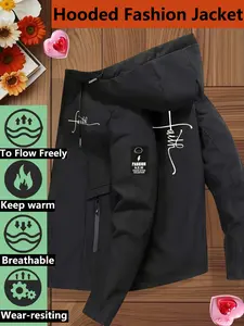 Women's Hooded Windbreaker Jacket Coats Two Color Options Faith Script Print Stylish Eye-catching Oversized Fit Slimming Design Trendy Casual Breathable Lightweight Comfortable Outerwear Perfect for Daily Wear, Travel & Street Style Pockets