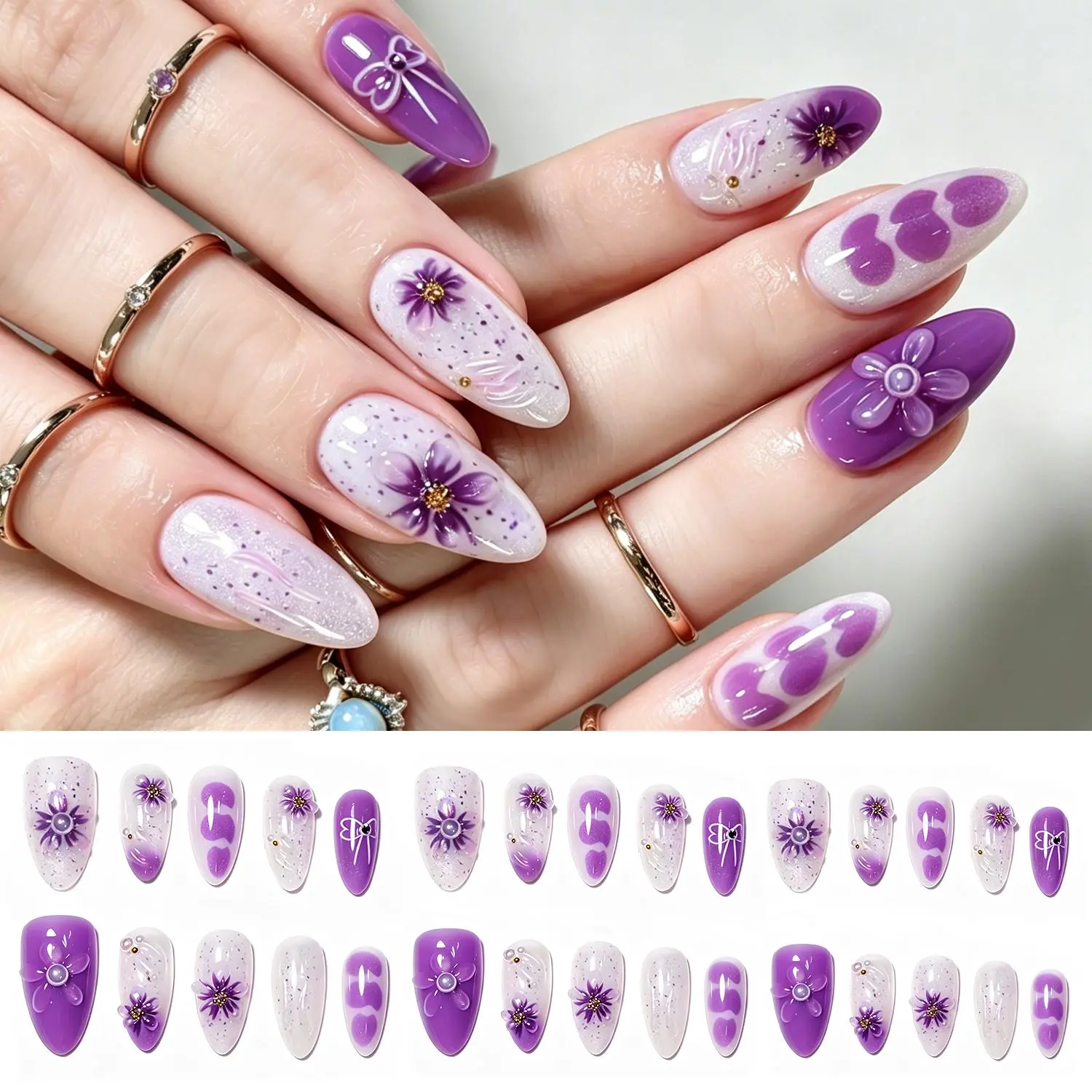 10/30Pc Purple Medium Almond Press On Nails 3D Gradient Purple Flower/Bow/Heart Flase Nails Glitter Full CoverAcrylic Fake Nails