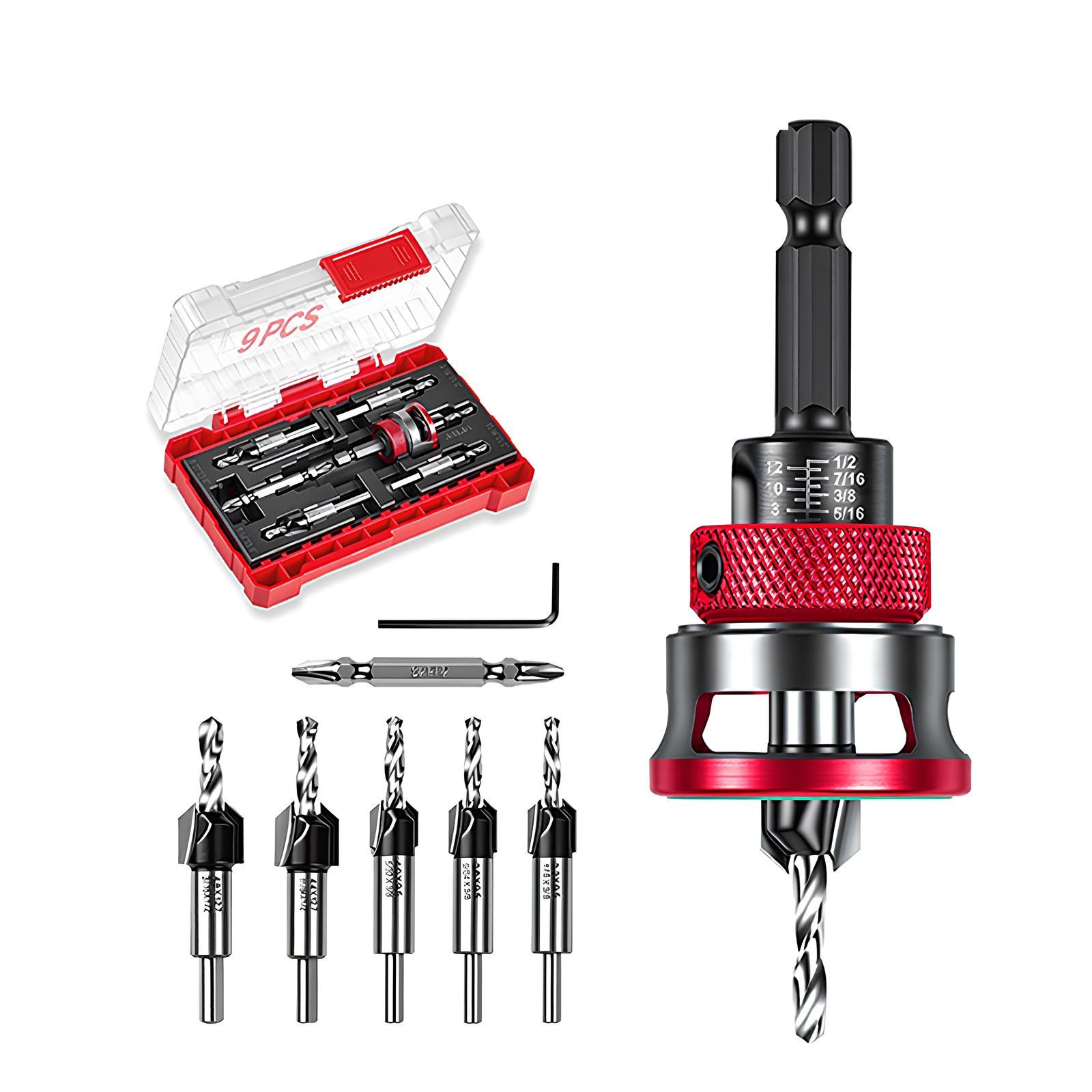 9PCS Countersink Drill Bit Set Adjustable Depth Stop Collar 82 Degree Tapered Hex Shank Wood Drill Bits Clean Countersink Holes No Splitting DIY Woodworking MDF Plywood Screwdriver Bits Home Improvement Tool Set