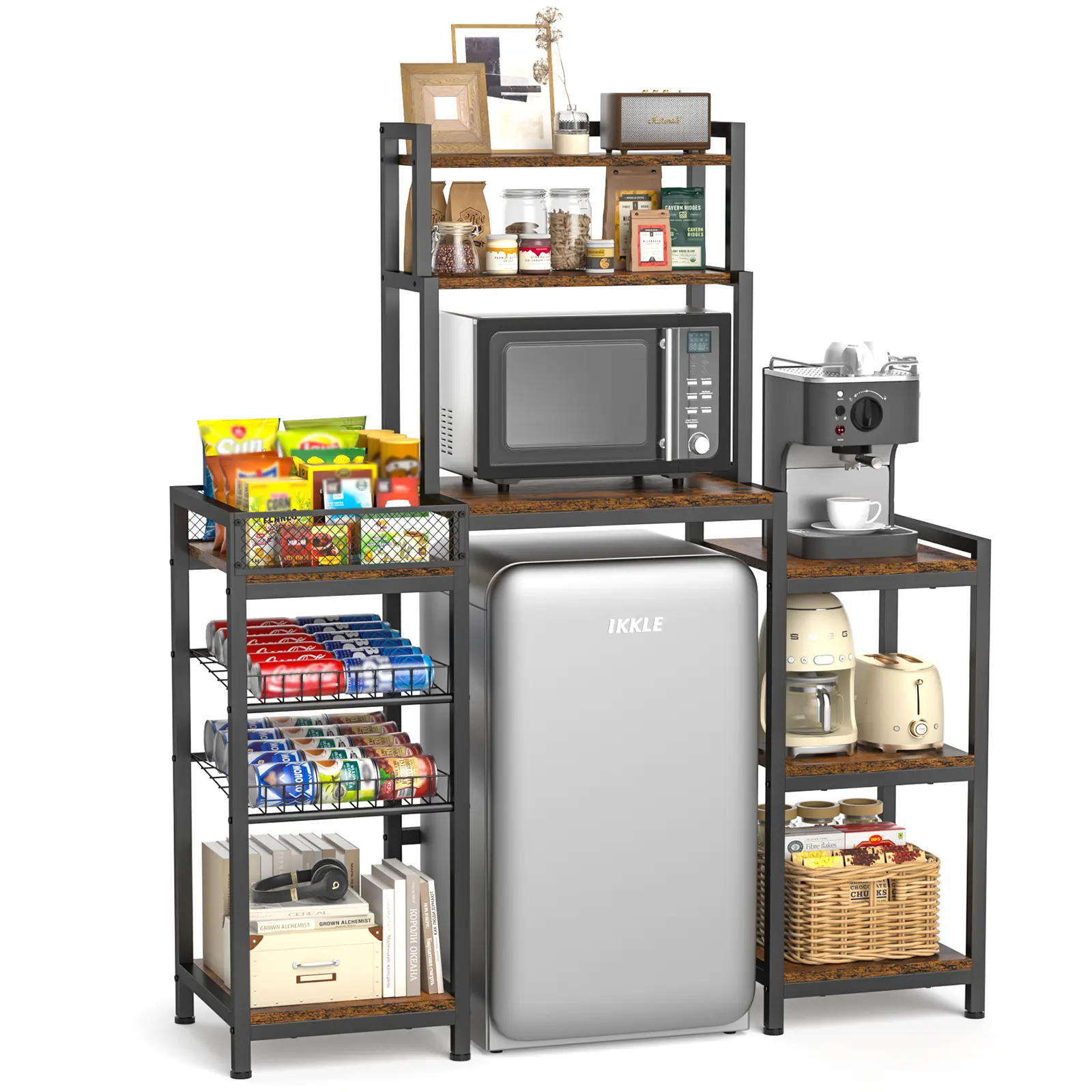 Sturdy 2-in-1 Mini Fridge & Microwave Stand, 19.96" x 11.81" & 20" x 33.5" Large Storage Shelf with Cabinet, 11 Compartments for Dorm Classroom Kitchen (Brown), Assembly Required