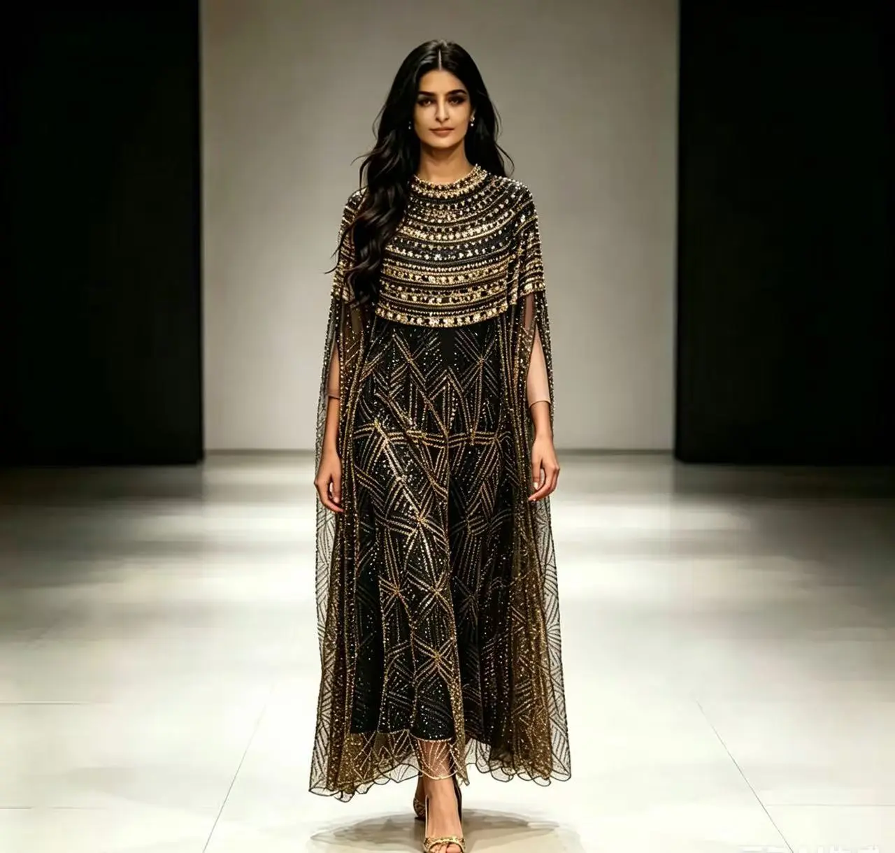 Luxury Rhinestone Beaded Cape Kaftan Abaya | Embroidered Maxi Evening Dress