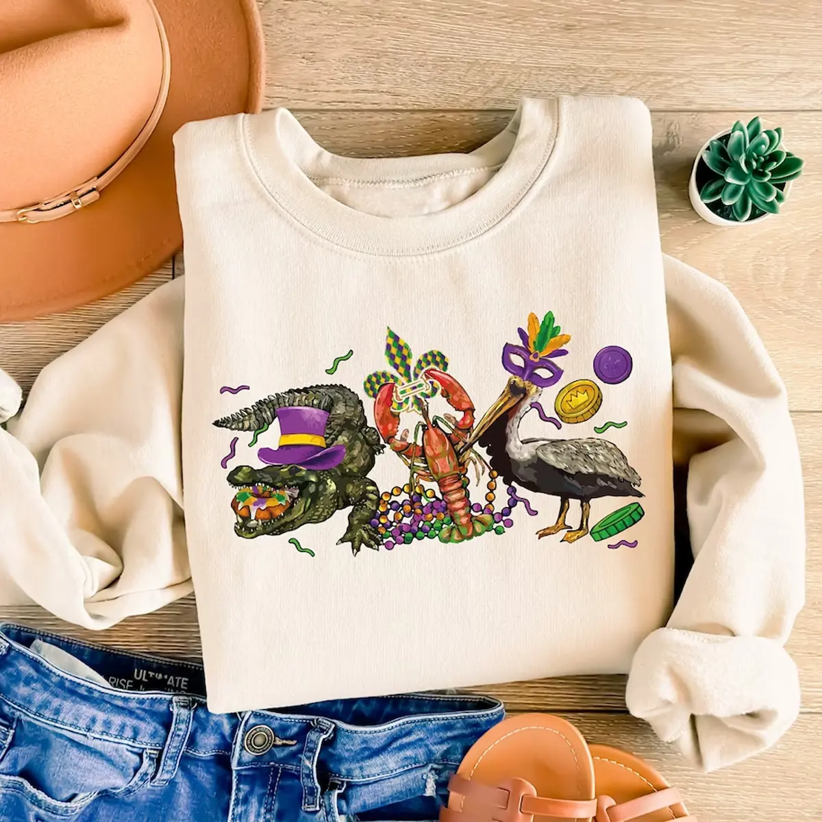 Mardi Gras Alligator Pelican Crawfish Sweatshirt, Nola Sweatshirt, Mardi Gras Sweatshirt, Saints Sweatshirt, Fat Tuesday Sweatshirt