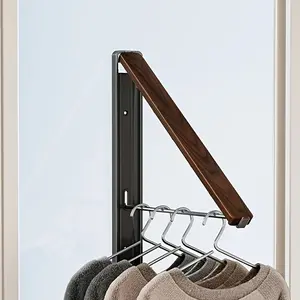 Vintage Foldable Wall-Mounted Clothes Rack, Walnut Wood Grain & Space Aluminum Bracket, Telescopic Drying Rod, Space-Saving Storage