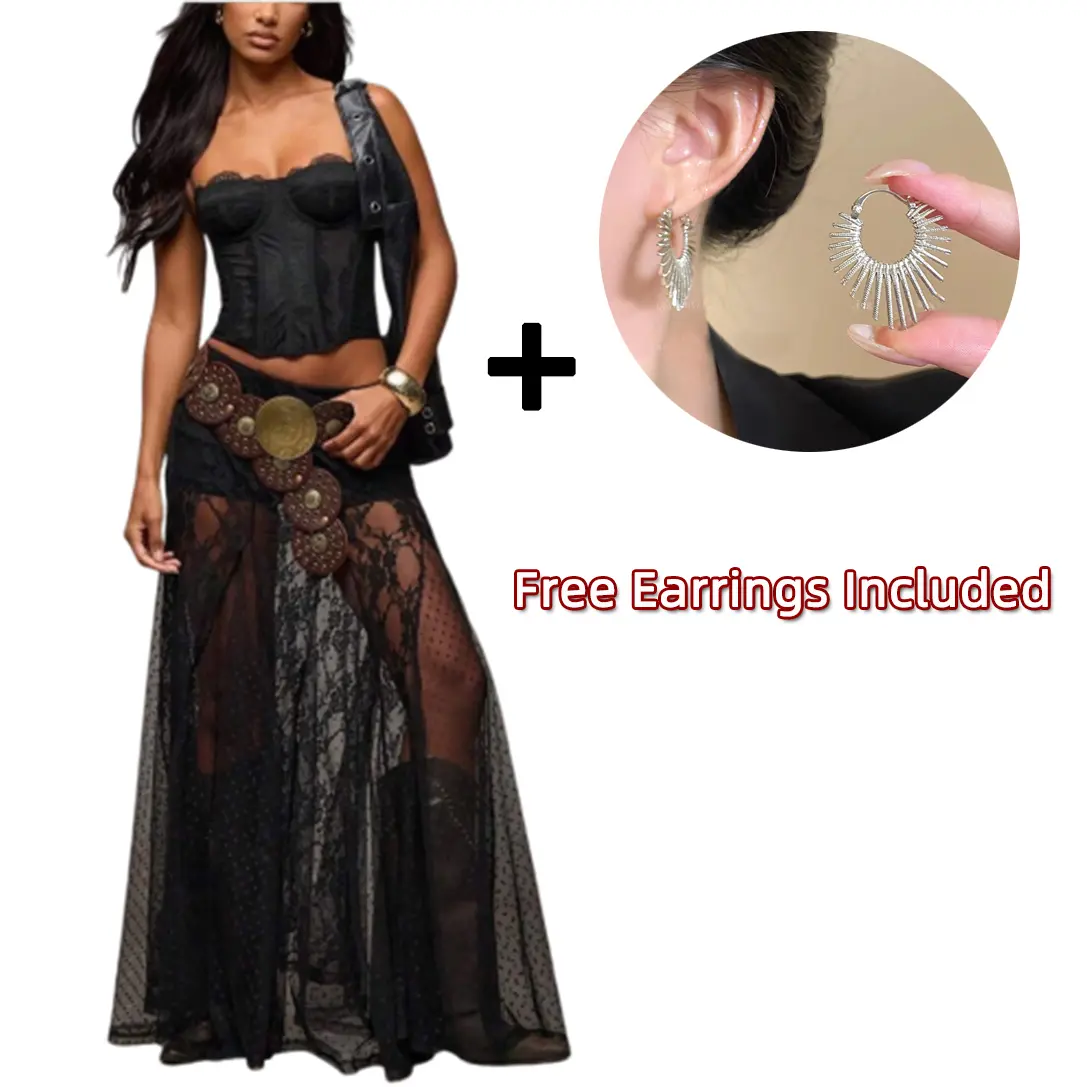 Black Sheer Lace Low-Waist Skirt for Women, Sexy Beach Cover-Up & Festival Outfit, Y2K Summer Look, Lightweight See-Through Mesh, Vacation & Concert Ready, Includes Free Fashion Earrings
