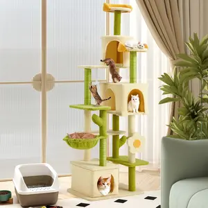 69" Multi-Level Cat Tree Tower, Cute Cat Tree for Indoor Cats, Tall Cat Climbing Tower with Scratching Posts, Cat Condo & Cat Bed, Stylish Cat Furniture, Green & Yellow