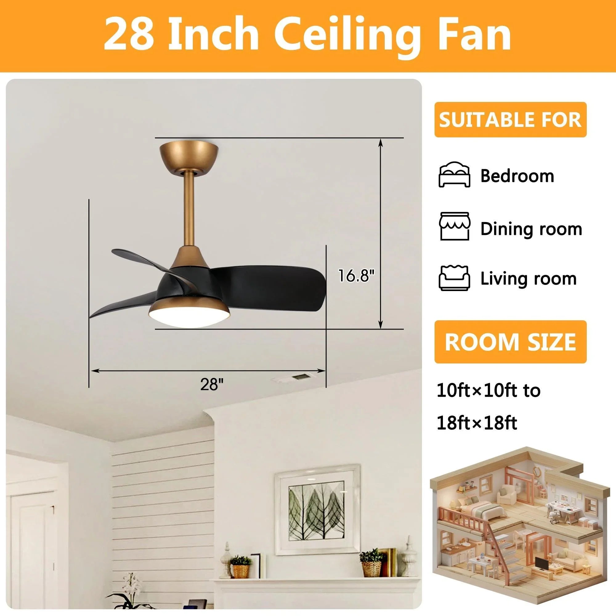28" Modern DC Motor Ceiling Fan, Downrod Mount, Reversible Blades with Dimmable LED Light & Remote Control