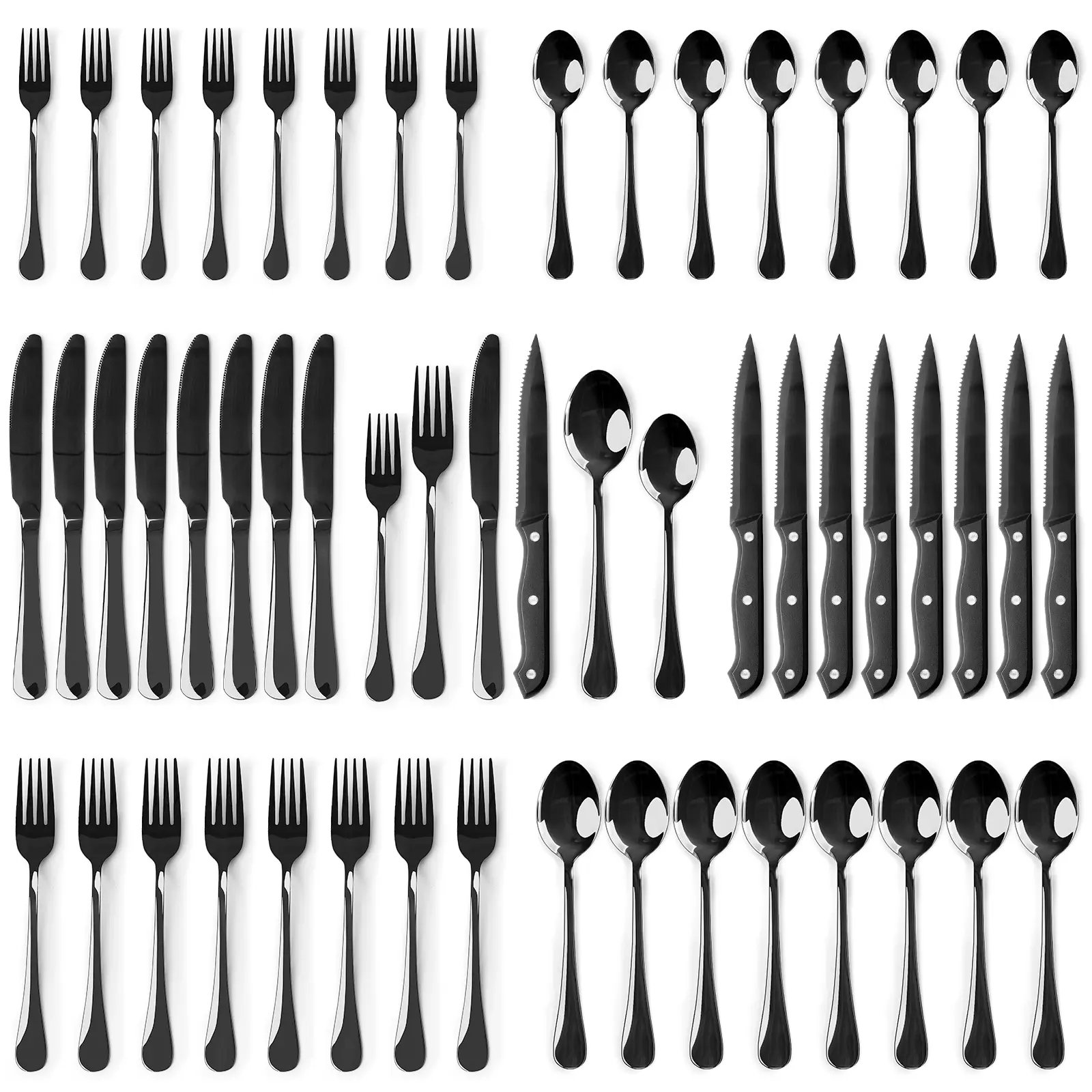 Astercook 48-Piece Silverware Set with Steak Knives, Stainless Steel Flatware Set for Family Dining, Modern Cutlery Set with Forks, Spoons and Knives for Home, Kitchen and Restaurant
