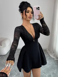 Women's Fashion Elegant Solid Color Lace Patchwork V-Neck Long Sleeve Waist Cinching Short Dress, Lady Womenswear, Stylish and Comfortable