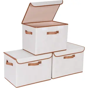 Heavy Duty Fabric Storage Bins with Lid Large 17 10 Gallon Stackable Storage Bins with Leather Handles Decorative Storage Boxes with Lids for Bedroom Closet Nursery Office 3Pack Beige